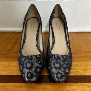 Cole Haan | Black and Silver Metallic Cheetah Print Block Heel | Size 8.5 | EUC